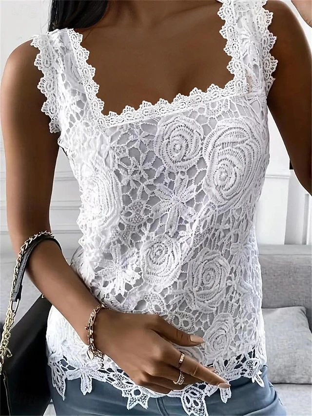 Women's White Elegant Lace Tops Eyelet Blouse Sexy Sleeveless Floral Semi-Sheer Square Neckline Scalloped Trim Fashion Slim Fit Date Casual Party Romantic Petite Tops Summer Holiday Wear 6