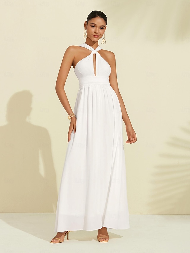  женское шифоновое белое элегантное платье макси с бретельками на шее
