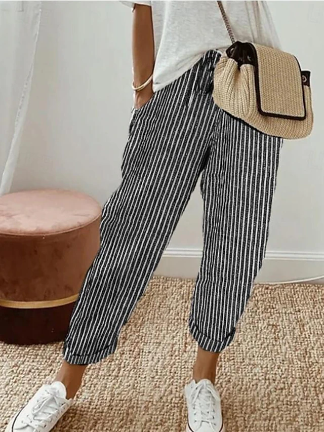 Women's Pants Trousers Casual Daily Ankle-Length Striped Drawstring Side Pockets Breathability Comfortable Inelastic Weekend Black Spring & Summer Regular Fit 6