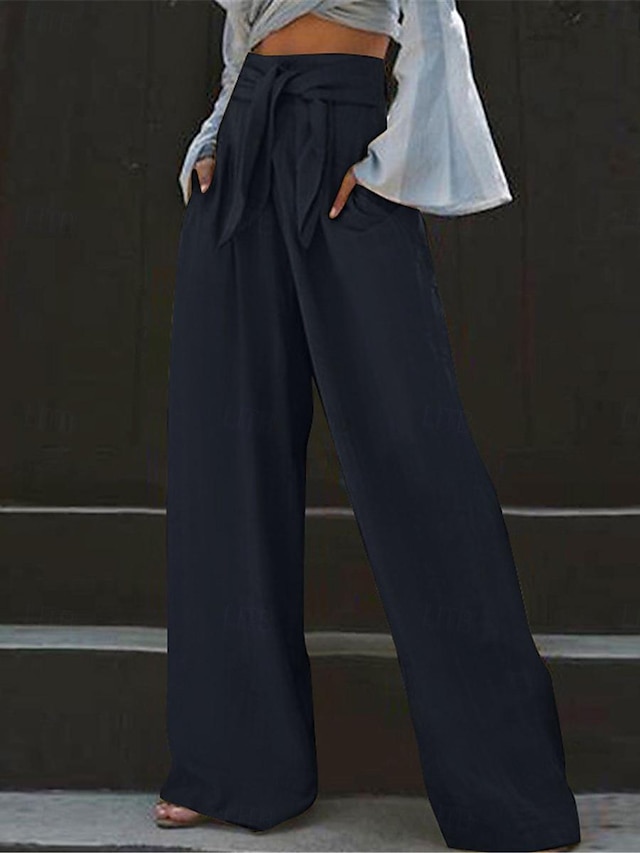  Femme Ample Pantalon Polyester Poche Coupe haute Taille haute Longue Noir Eté