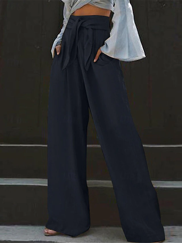 Women's Wide Leg Pants Trousers Streetwear Casual Long High Waist Plain Pocket High Cut Breathability Soft Micro-elastic Vacation Street Daily Wear Black Yellow Sky Blue Dark Blue Summer Spring3