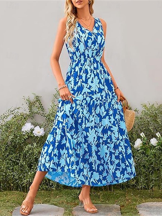  Női hétköznapi ruha Ujjatlan ruha Virágos Nyomtatott V-alakú Hosszú ruha Maxi ruha Hawaii Stílusos Napi Randi Rövid ujjú Nyár