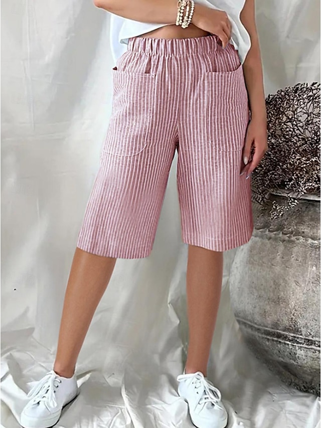  Women's Shorts Linen Cotton Blend Pocket Knee Length Black Summer