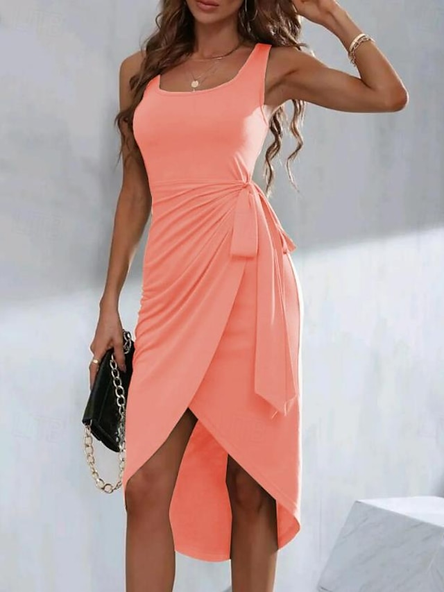  女性用 ニットワンピース ミディドレス フリル ドローストリング ストリートファッション Ｕネック ノースリーブ オレンジ カラー