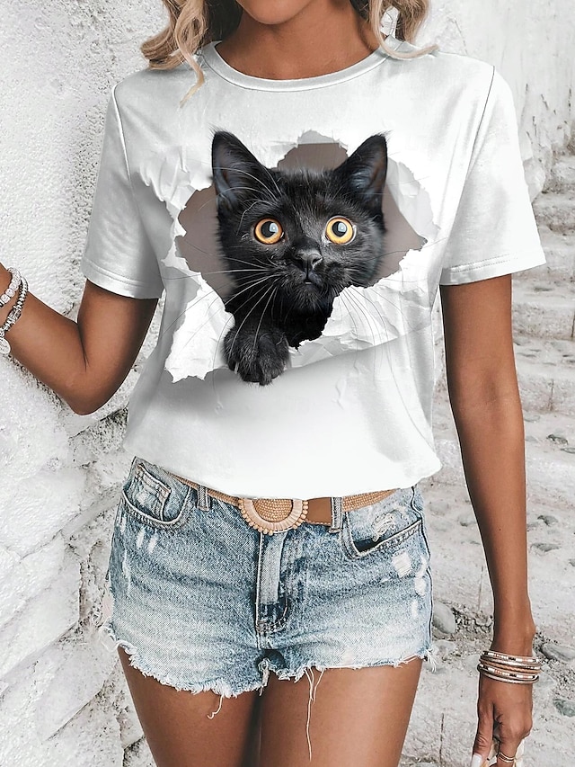  Mujer Camiseta 3D cat Animal Estampado Diario Fin de semana Moda Manga Corta Escote Redondo Blanco Verano