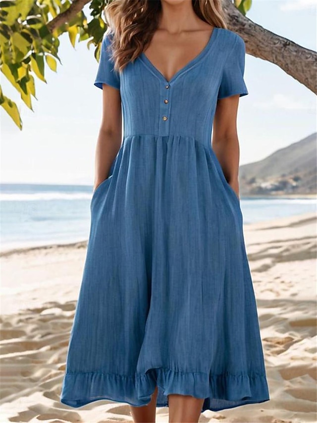  Women's Casual Dress Cotton Linen Dress Midi Dress Button Pocket Basic Daily V Neck Short Sleeve Summer Spring Blue Green Plain