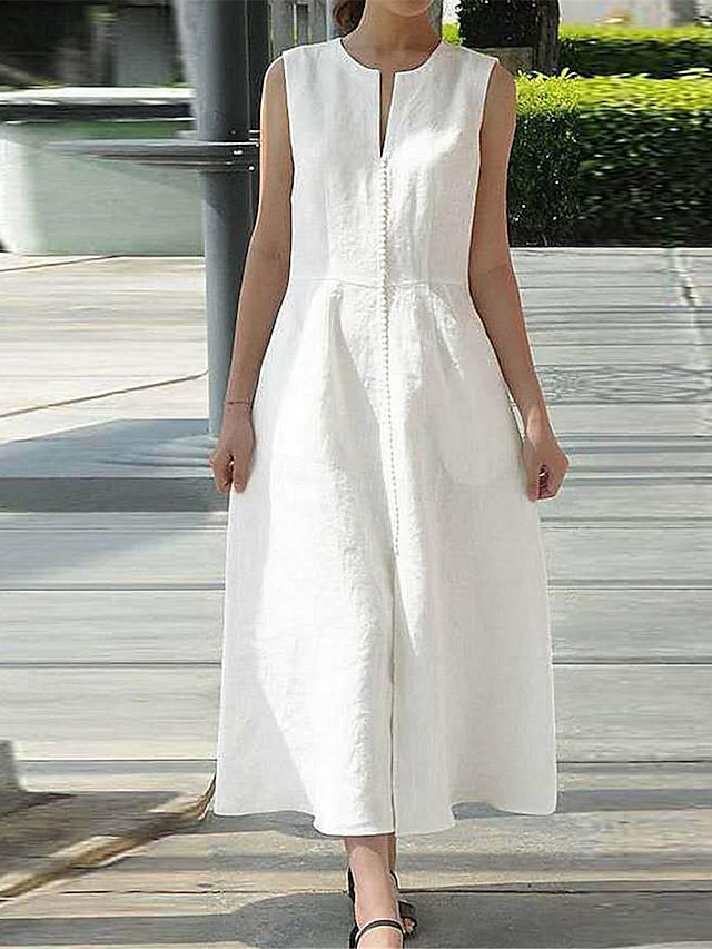  Mujer Vestido blanco Vestido informal Vestido de verano de algodón Vestido maxi Bolsillo Básico Diario cuello partido Sin Mangas Verano Primavera Negro Blanco Plano