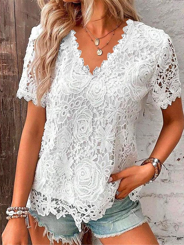  Damen Spitzenbluse V-Ausschnitt Blumen Kurzarm weiß elegant romantisch halbtransparent atmungsaktiv Top Frühling Sommer lässig Event Mode Kleidung