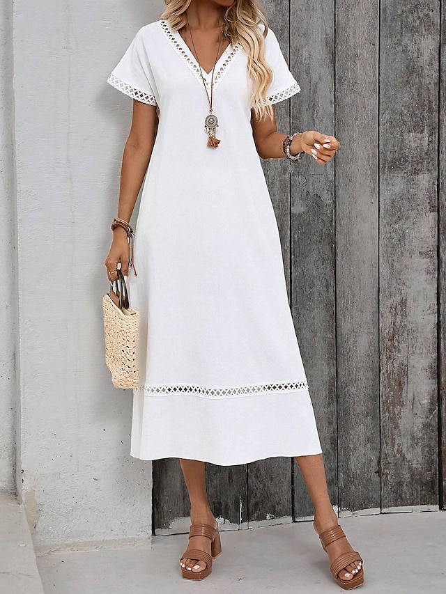  Damen Sommerkleid Weißes Spitzen-Brautkleid Midikleid Spitze Brautkleider schlicht V Ausschnitt Kurzarm Weiß Farbe