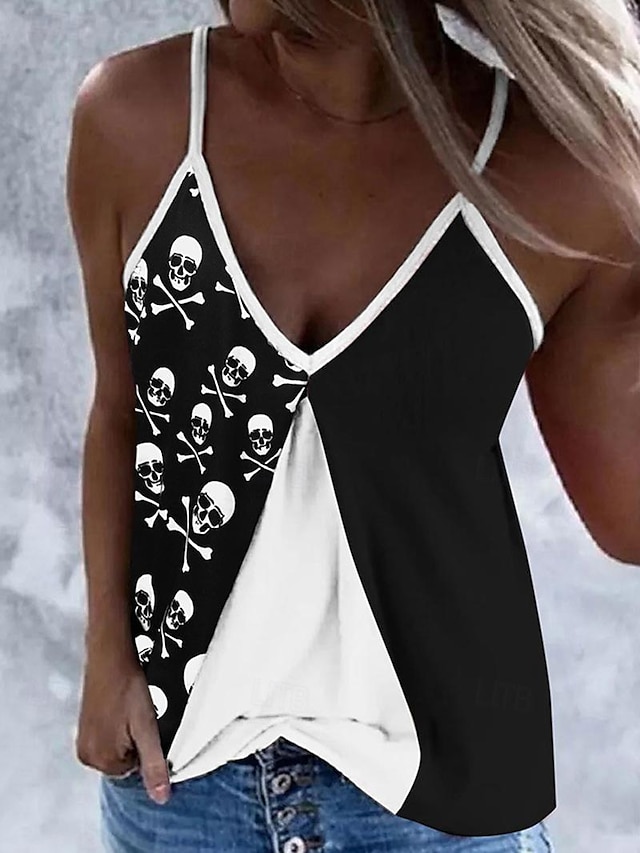  Pentru femei Bluză Bloc Culoare Cranii Zilnic Vacanță Imprimeu Negru Fără manșon Casual În V Vară