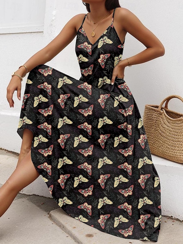  Women's Print V Neck Maxi Dress Sleeveless Summer