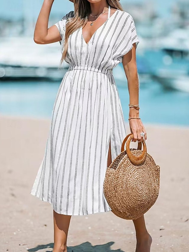  Women's White Dress Stripe Split Print V Neck Midi Dress Casual Daily Date Short Sleeve Summer