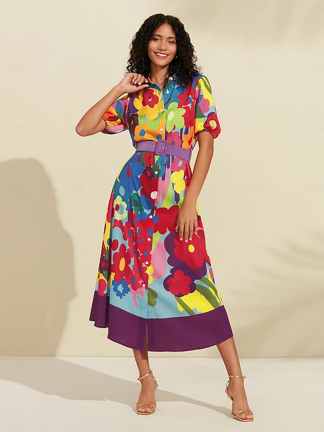  Midi-Hemdkleid aus Satin mit Blumenprint und Gürtel im Regenbogen-Look