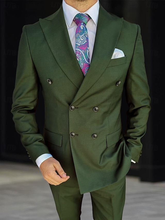  ירוק כהה ירוק אנשיו של חתונה חליפות אחיד סט 2 חלקים עסקים לבוש עבודה גזרה מחוייטת חזה כפול 6 כפתורים 2024