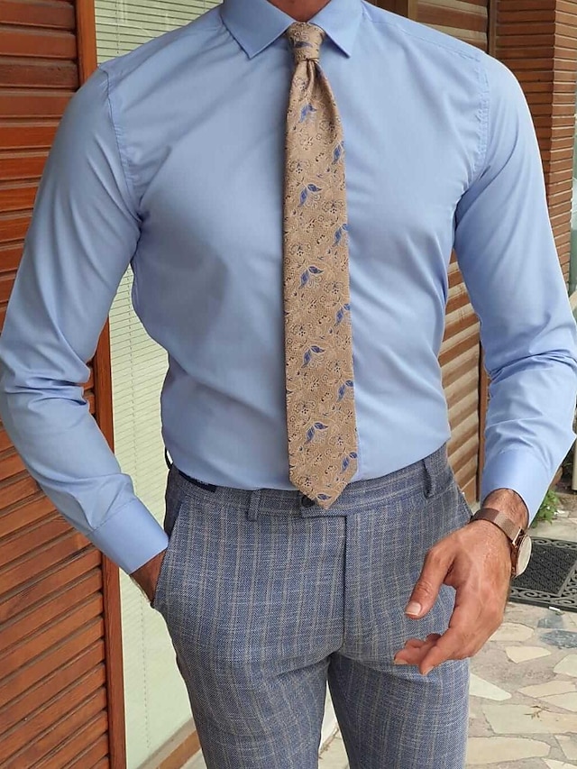  Blue Men's Dress Shirt Standard Fit Long Sleeve Lapel Solid Color Polyester  2024