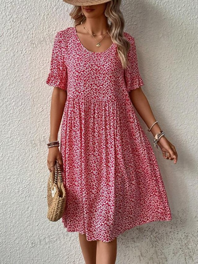 Women's Polyester Chiffon Dress Floral Ruffle Shirred Crew Neck Puff ...