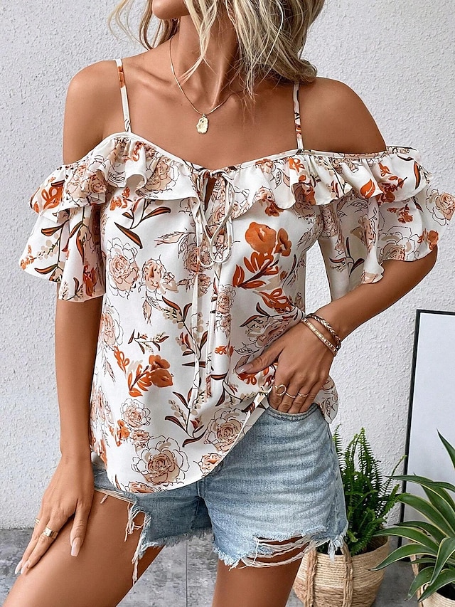  Women's Shirt Blouse Floral Print Daily Vacation Casual Short Sleeve Cold Shoulder White Summer