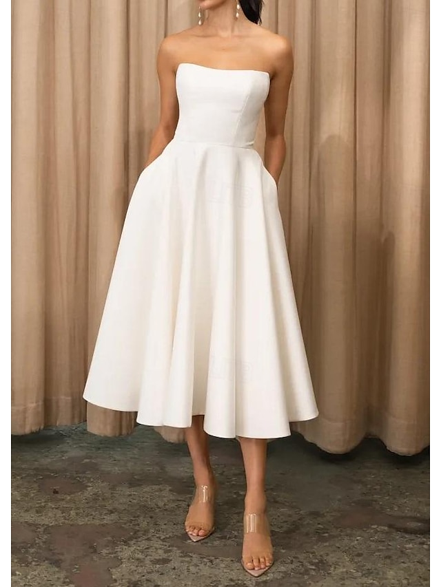  Γραμμή Α Κοκτέιλ Φορέματα Κομψό Φόρεμα Επισκέπτης γάμου Αποφοίτηση Κάτω από το γόνατο Αμάνικο Στράπλες Stretch Crepe με Χάντρες 2024