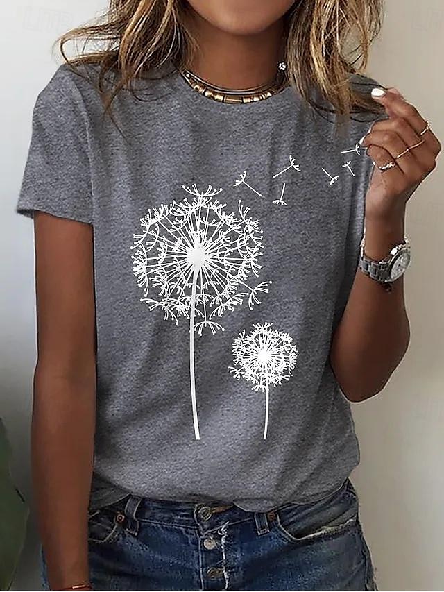  Women's Casual T-Shirt Dandelion Print Crew Neck White Short Sleeve Summer Wear Comfort Fit Daily Essential