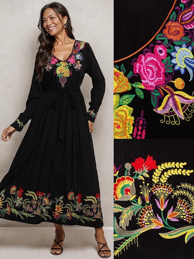  Women's Embroidered Maxi Dress V-neck Long Sleeve Floral Folk Inspired Black Multicolor Elegant Casual to Semi-Formal Spring Autumn Wear Lightweight Comfort Fit Available in Multiple Sizes