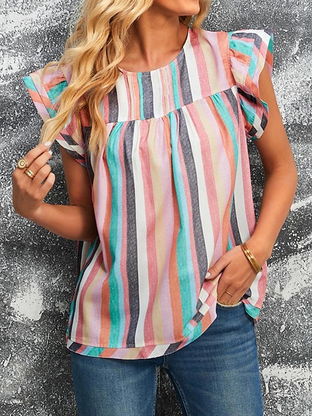  Women's T shirt Tee Striped Ruffle Print Daily Weekend Fashion Short Sleeve Round Neck Rainbow Summer