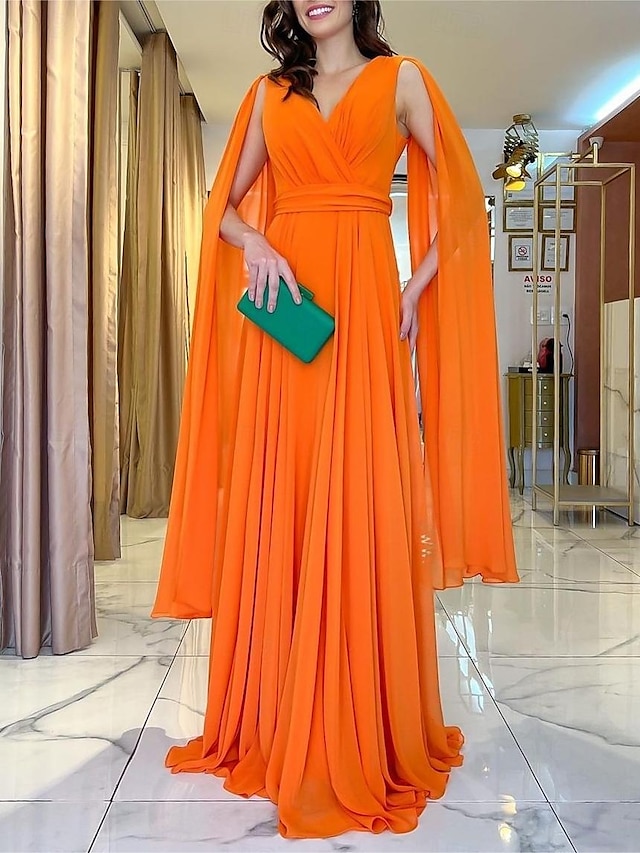  A-linje bryllup gjest kjoler elegant kjole formell sommer gulvlengde lang erme v-hals konvertibel chiffon med rynker