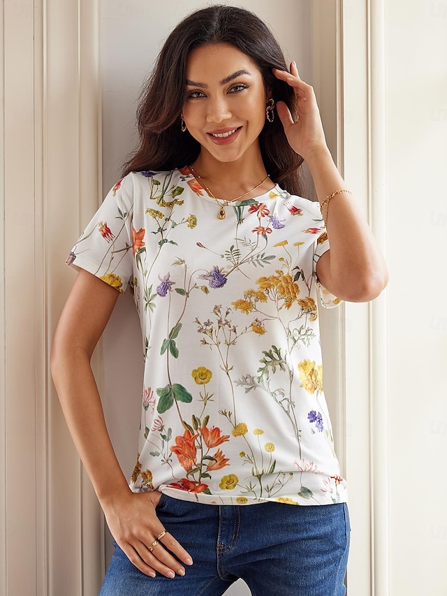  Femme T shirt Tee Floral Imprimer du quotidien Mode Manche Courte Col Ras du Cou Blanche Eté