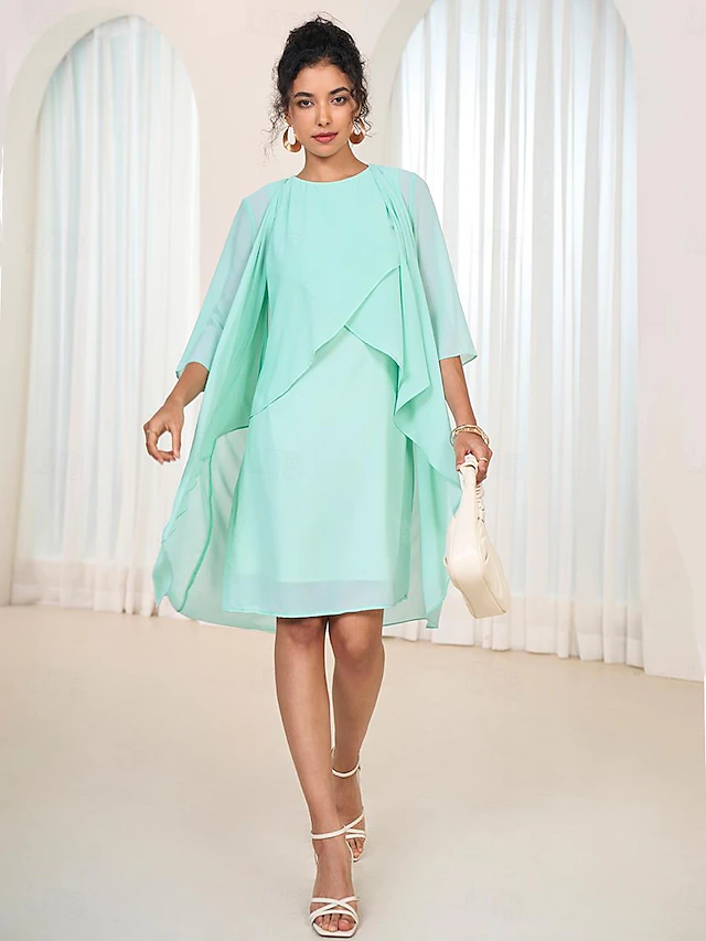 Women's Wedding Guest Cocktail Dress Chiffon Tiered Elegant Formal Layered Midi Dress Crew Neck Long Sleeve Pink Green Color 22