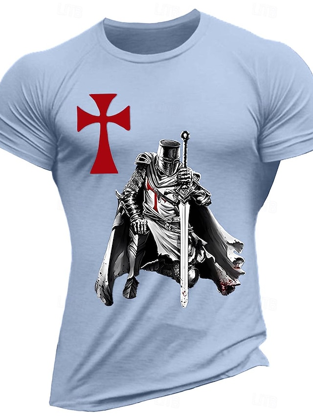  Men's Templar Knight Graphic T-Shirt, Crusader Medieval Warrior Short Sleeve with Red Cross