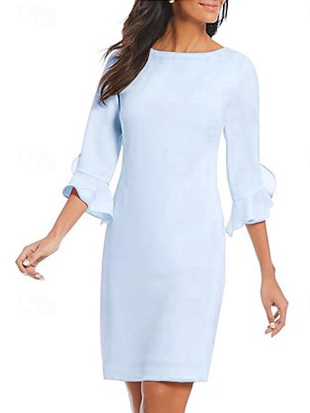 Sheath Cocktail Dresses Minimalist Dress Cocktail Party Knee Length 3/4 Length Sleeve Jewel Neck Fall Wedding Guest Chiffon with Ruffles Dresses 13