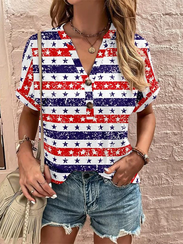 Women's T Shirt Floral Fashion Short Sleeve V Neck Regular Tops Daily Weekend Buttons Print Black White Wine Red Summer 5