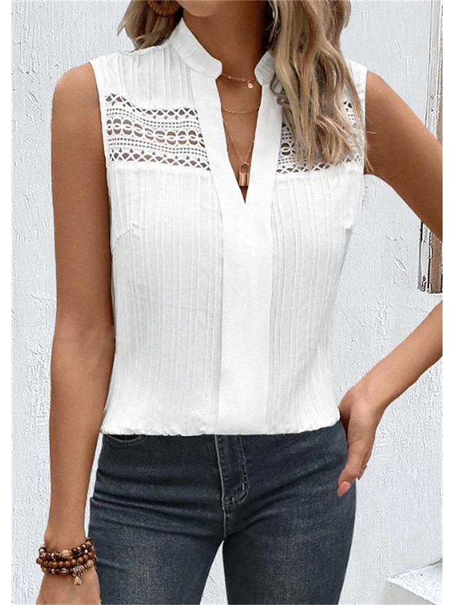  Damen Top Camisole Weiß Einfach Spitze Straße Alltag Mode V-Ausschnitt Reguläre Passform S
