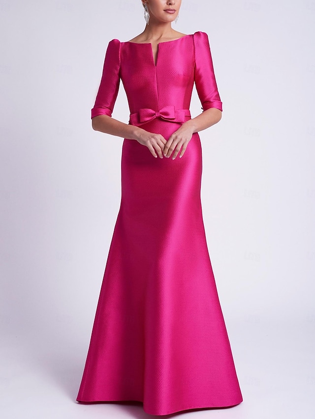 Ts A Line Evening Gown Elegant Dress Wedding Guest Floor Length 34 Length Sleeve V Neck Satin 7289