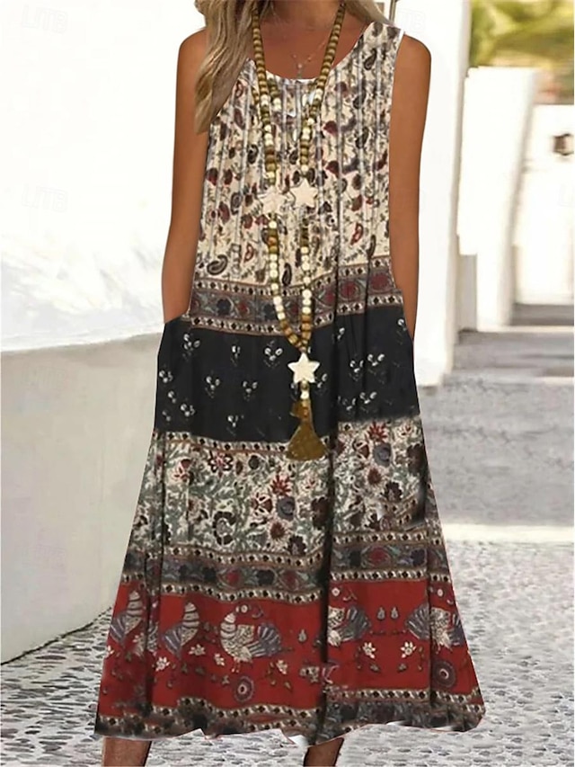  Rochie Maxi pentru Femei Rochie Tank Imprimat Floral Ombre Buzunar Guler Rotund Rochie Midi de Zi cu Zi Vacanță fără Mâneci Vară Primăvară
