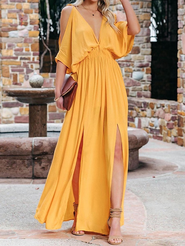  Women's Casual Dress Maxi Dress Chiffon Backless Split Date Vacation Streetwear Maxi V Neck Half Sleeve White Yellow Red Color