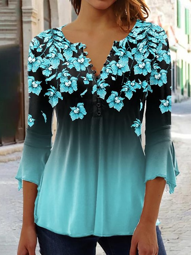  Dame Skjorte Bluse Blomstret Fargegradering Knapp Trykt mønster Ferie Grunnleggende Neon og lyst 3/4 ermer Rund hals Rosa