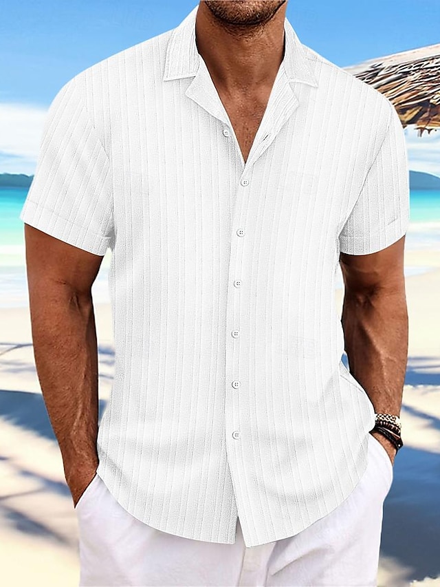  رجالي قميص زر حتى القميص قميص غير رسمي قميص صيفي قميص الشاطئ أسود أبيض أزرق البحرية أزرق كاكي كم قصير مخطط Lapel مناسب للبس اليومي عطلة ملابس موضة كاجوال مريح