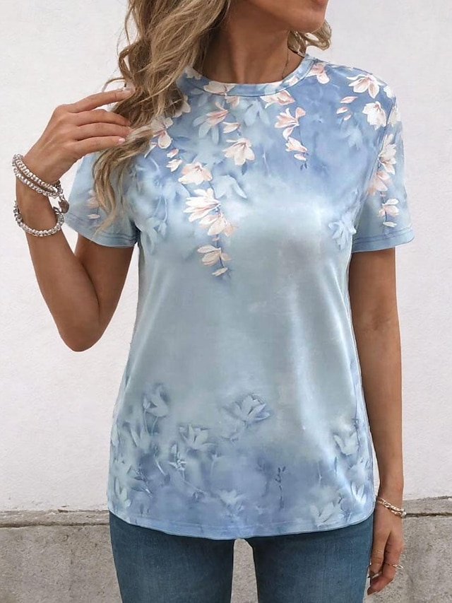  Women's T shirt Tee Floral Daily Stylish Casual Short Sleeve Crew Neck Blue Summer
