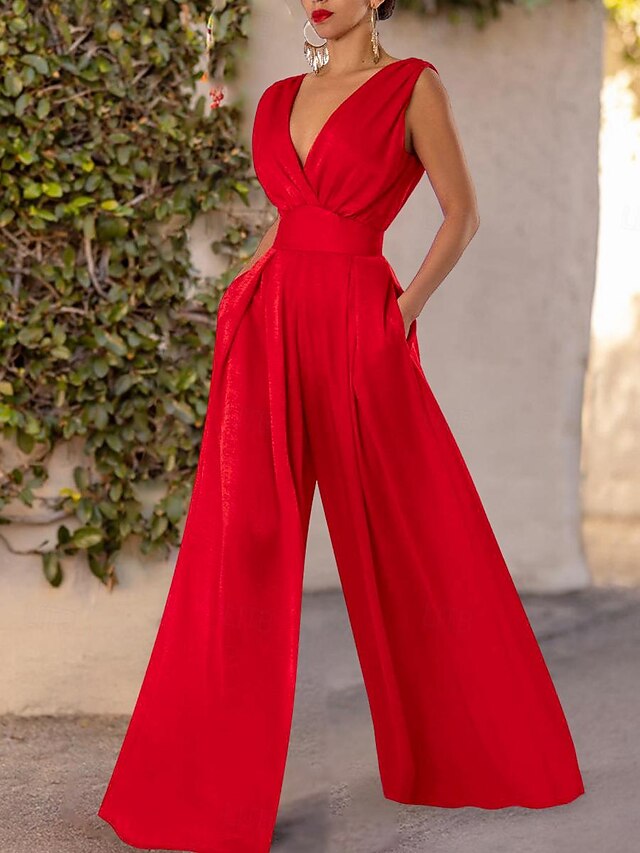 Women's Jumpsuit Pocket Solid Color V Neck Stylish Work Wide Leg Slim Sleeveless  Red Summer4