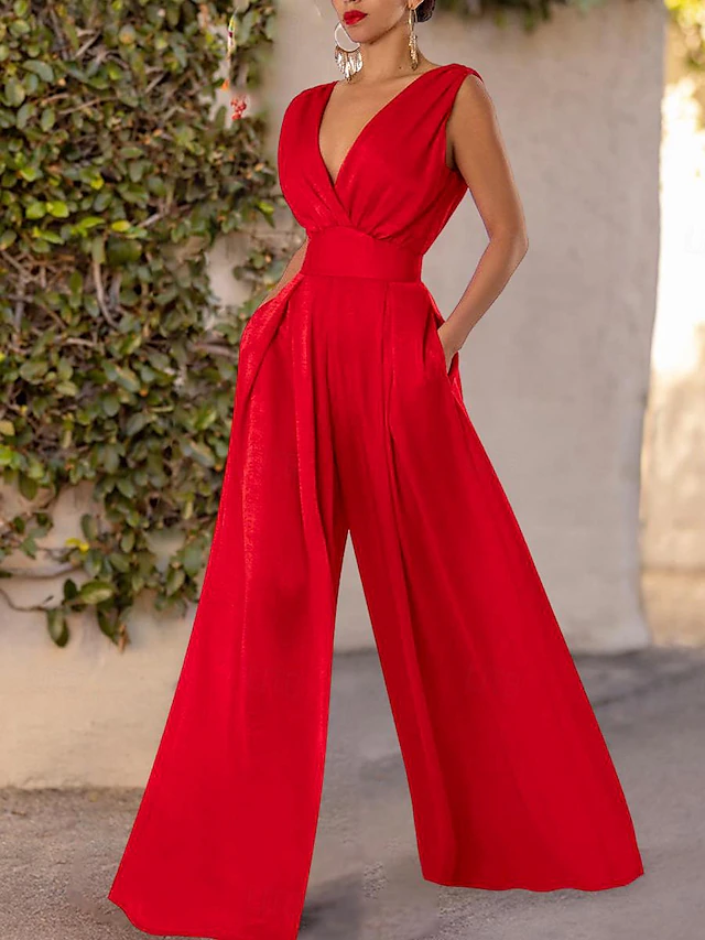 Women's Jumpsuit Pocket Solid Color V Neck Stylish Work Wide Leg Slim Sleeveless Red Summer4