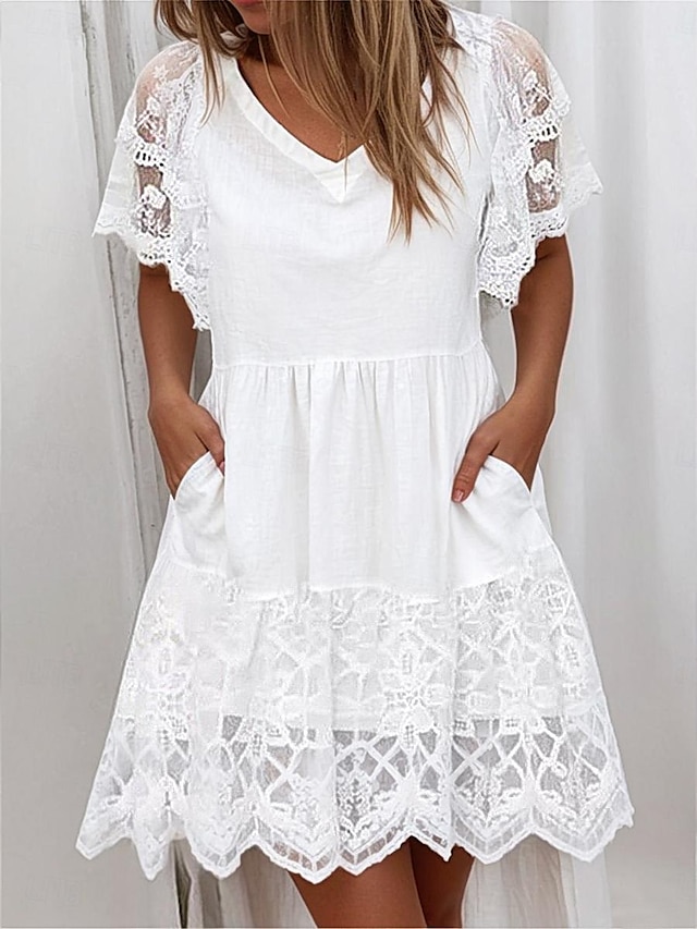  Per donna Vestito bianco Mini abito Pizzo Collage Appuntamento Maxi Linea A A V Manica corta Bianco Colore