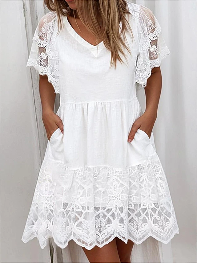 Women's Mini Dress White Dress Lace Dress Casual Dress A Line Dress Maxi A Line Street Holiday Date Regular Fit Short Sleeve V Neck White Summer 7