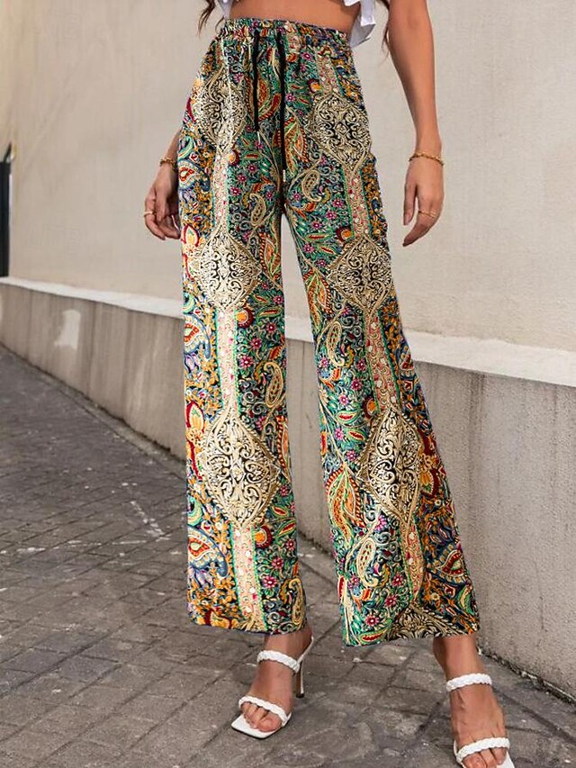 Women's Wide Leg Pants Trousers Casual Daily Long Graphic Paisley Dog Side Pockets Print Elastic Drawstring Design Breathability Comfortable Inelastic Going out Weekend Black & White Black Yellow Gray 17