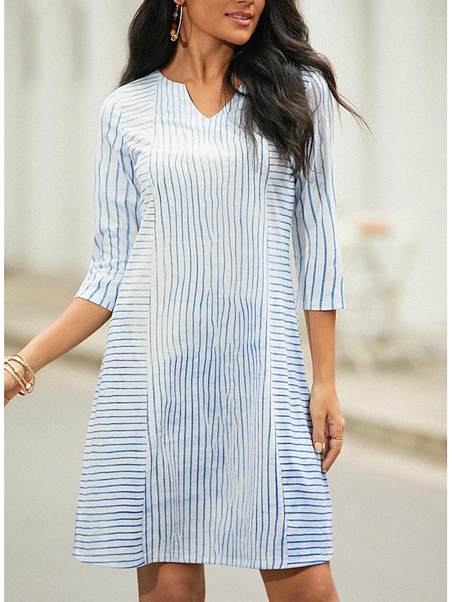  Women's Casual Dress V-Neck Stripe Pattern Knee-Length Short Sleeve Spring Summer Beach Daytime Full Size
