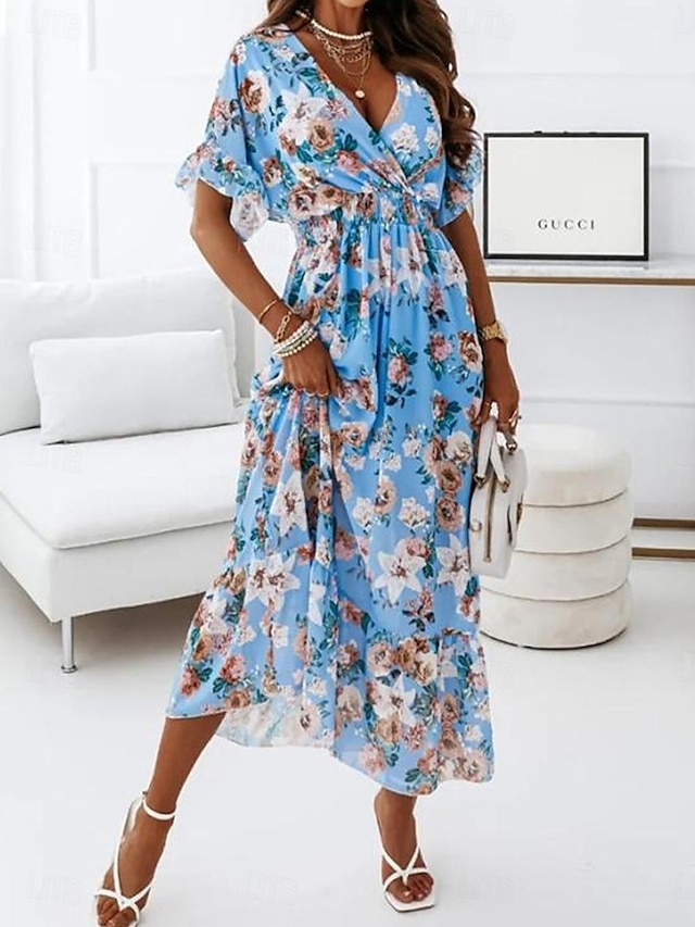  Femme Robe casual Robe Trapèze Floral Imprimer Col V robe longue mode Décontractées du quotidien Rendez-vous Demi Manches Eté