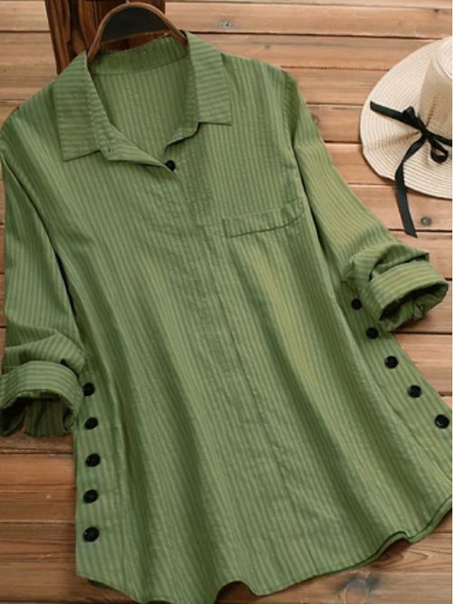  Blouse Women's Yellow Army Green Line Stripe Daily Daily Shirt Collar Loose Fit L