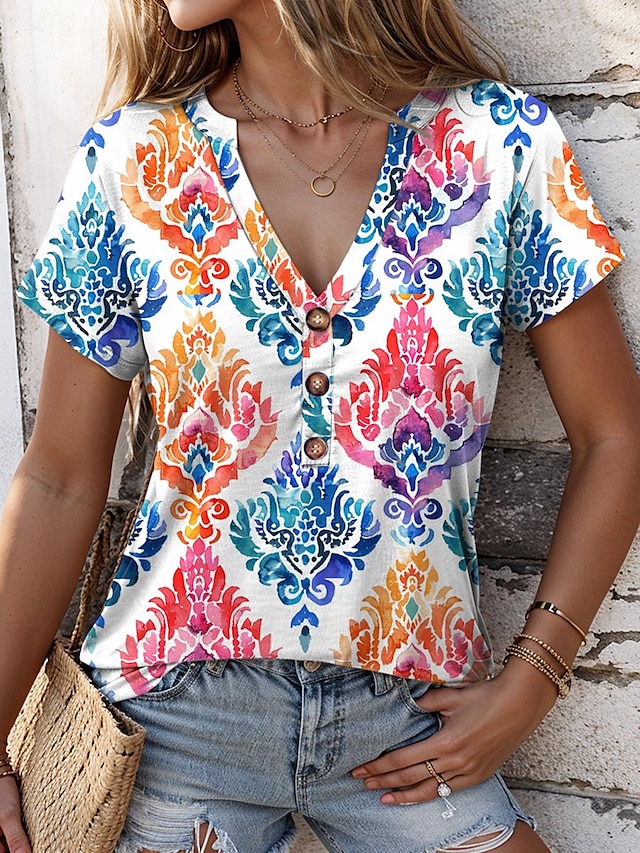  Women's T shirt Tee Geometric Print Daily Bohemia Stylish Short Sleeve V Neck Blue Summer