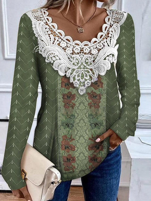  Women's Shirt Blouse Floral Graphic Lace Patchwork Print Casual Fashion Long Sleeve Round Neck Black Spring &  Fall