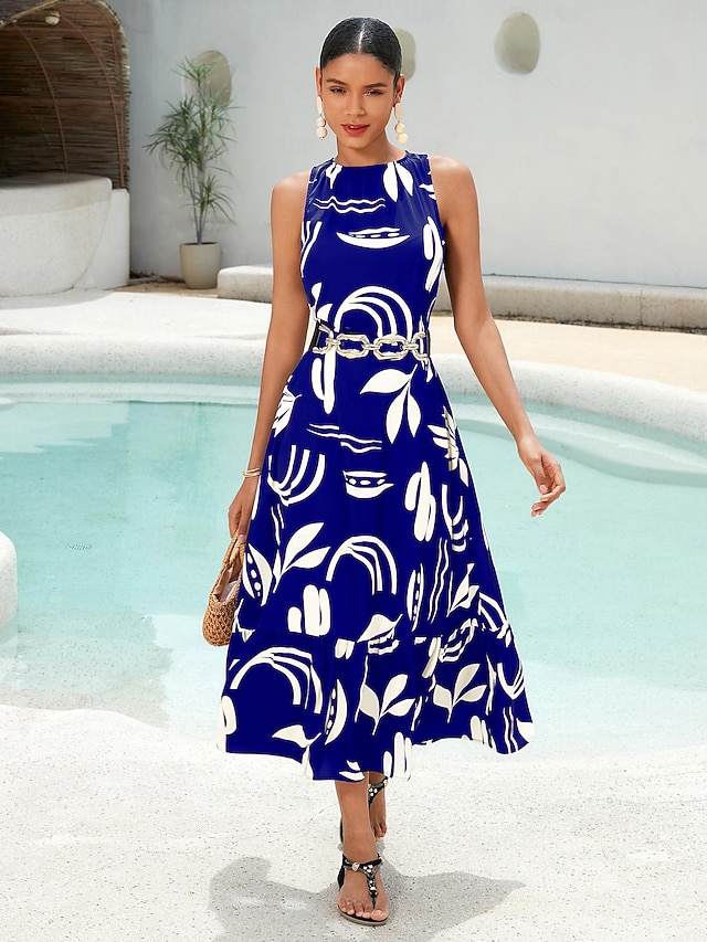  Mulheres Vestido casual Vestido Longo Preto Azul Royal Sem Manga Folhas Primavera Verão Arredondar Casual Diário férias na praia S M L