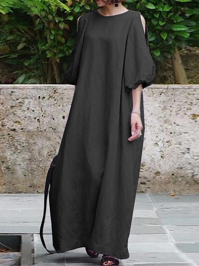  Femmes Noir Violet Kaki Été Printemps Robe maxi Robes en coton et lin Robe Décontractée Basique Moderne Quotidien Week-end Coupe Ample Uni Col ras du cou